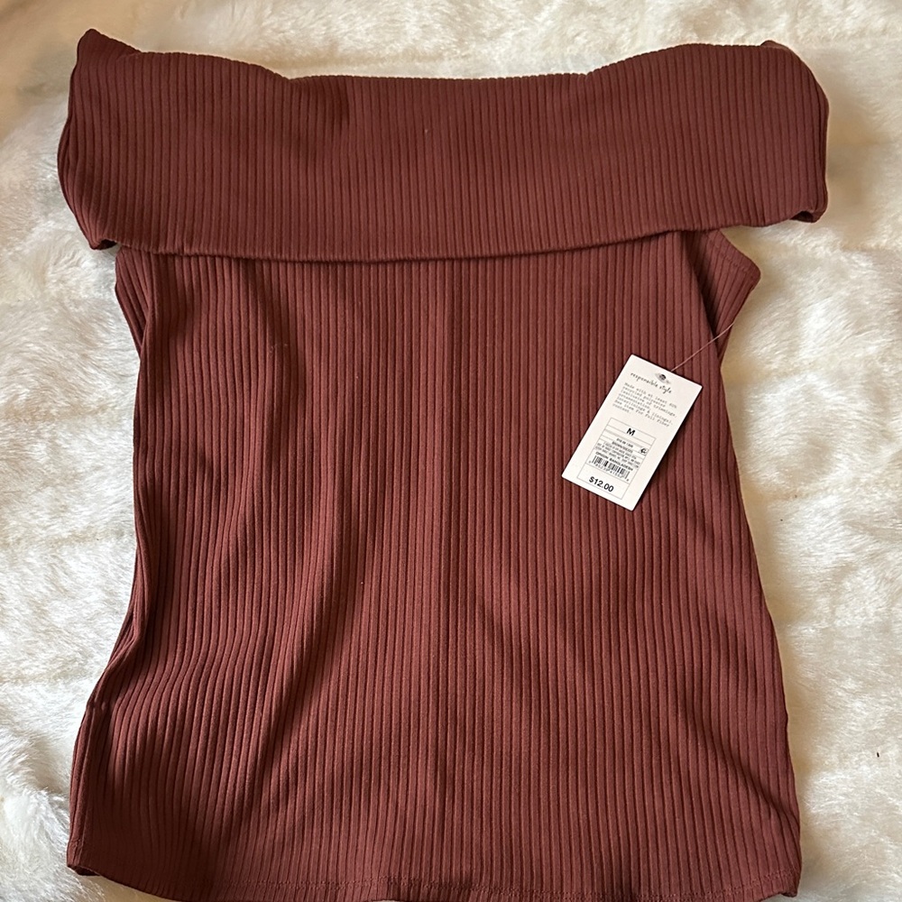 a new day Off-Shoulder Ribbed Top in Burgundy